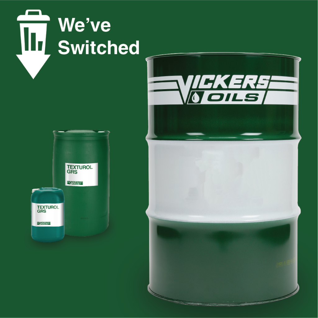 A plastic pail of textile lubricants next to a steel drum with the words 'we've switched'