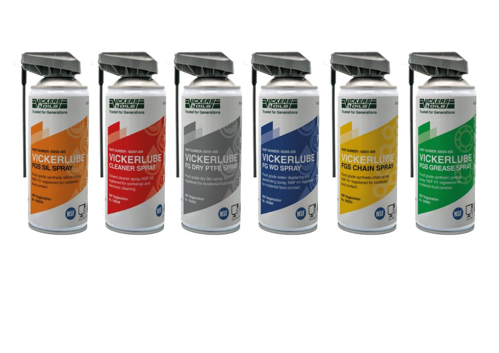 Image of Vickers Oils Food Grade Aerosols in their new colour graded packaging.

ORANGE - VICKERLUBE FGS SIL SPRAY
RED - VICKERLUBE CLEANER SPRAY
GREY - VICKERLUBE FG DRY PTFE SPRAY
BLUE - VICKERLUBE FG WD SPRAY
YELLOW - VICKERLUBE FGS CHAIN SPRAY
GREEN - VICKERLUBE FGS GREASE SPRAY